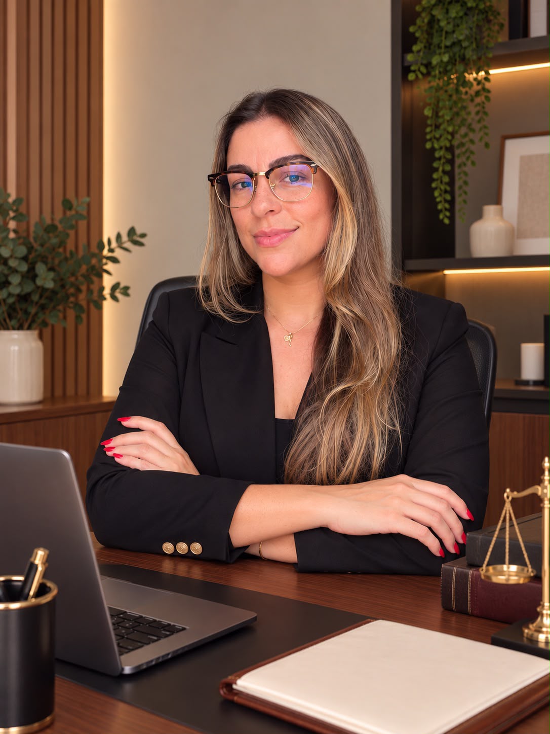 Marcella Pirath Pinto, advogada, sentada em seu escritório